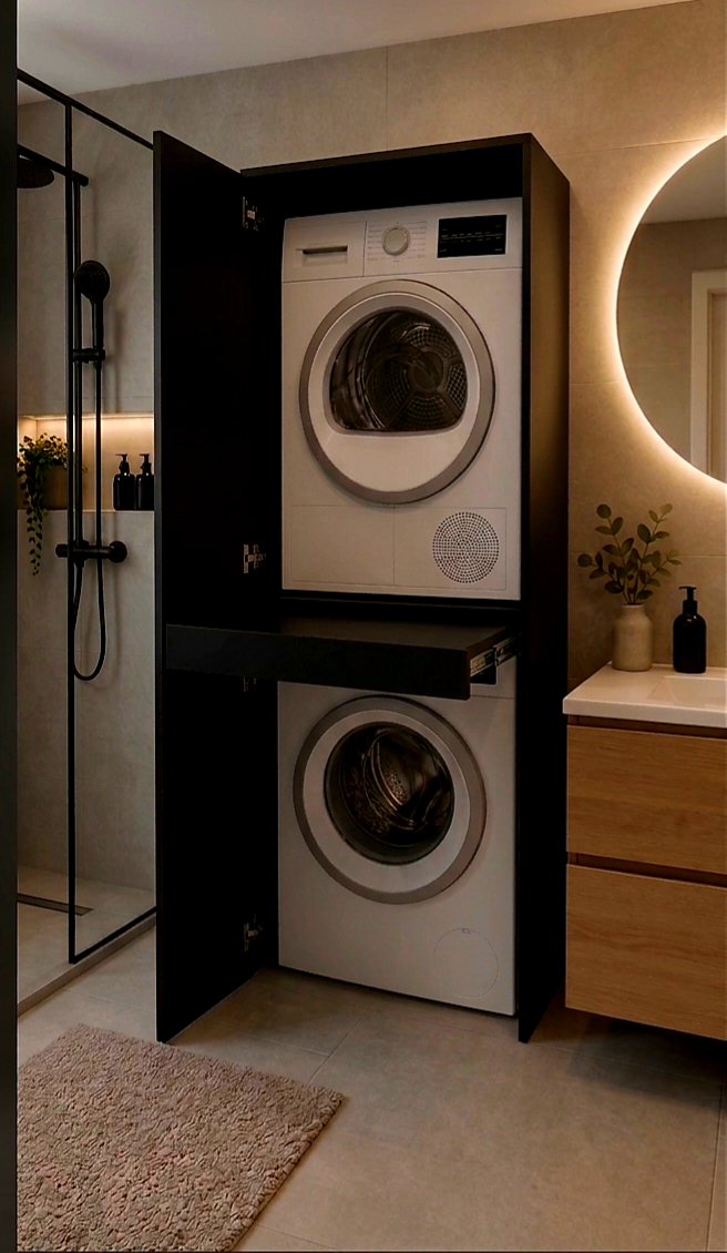Wasdro Zwart- Wasmachine en droger kast.