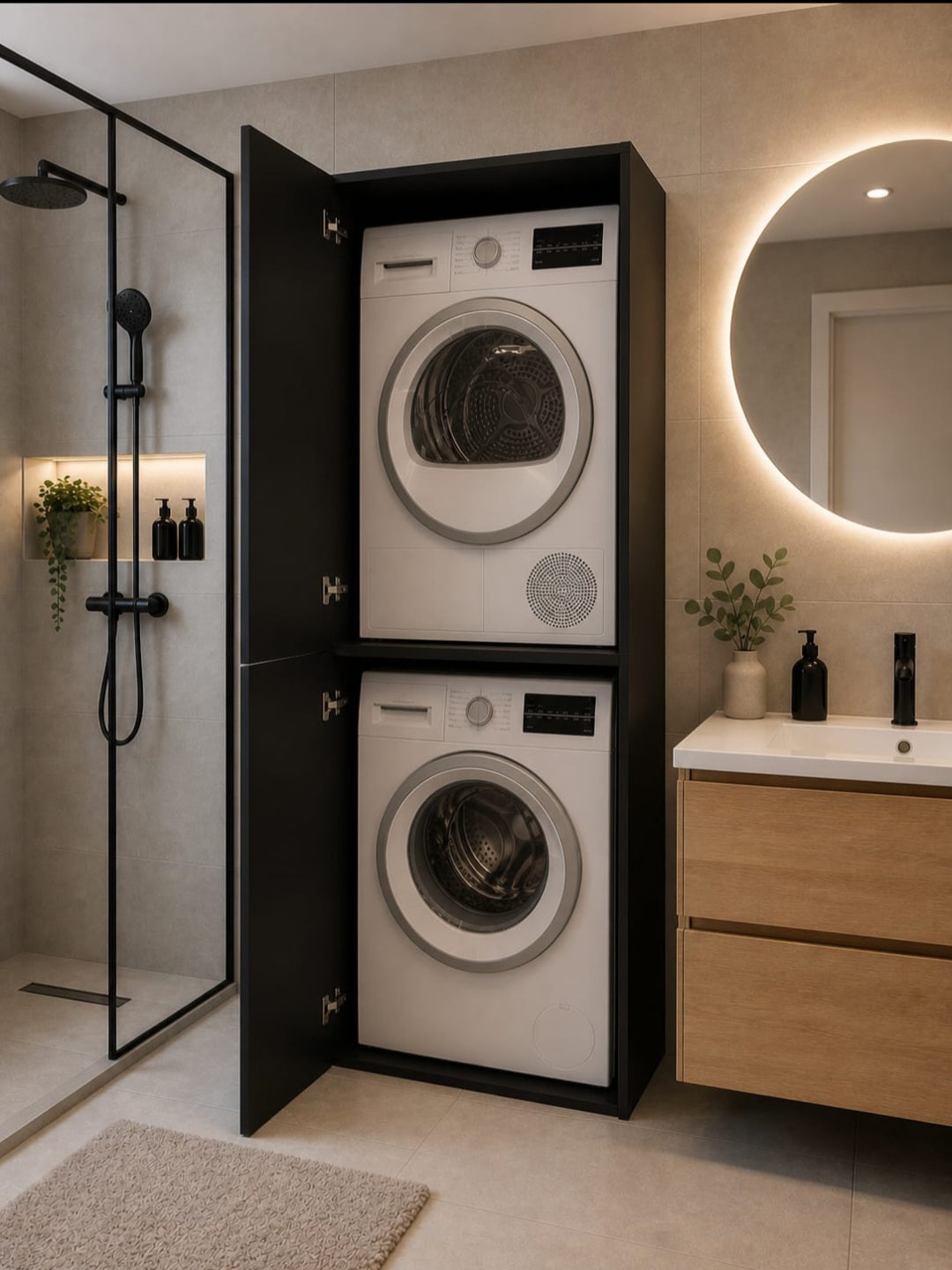 Wasdro Zwart- Wasmachine en droger kast.